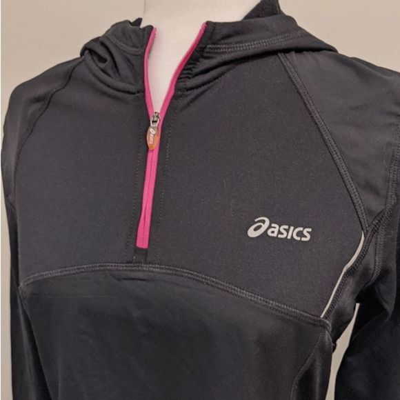 Women's ASICS Long Sleeve 1/4 Zip Top Black Pink Medium Hooded Heat Gear Running - Picture 4 of 5